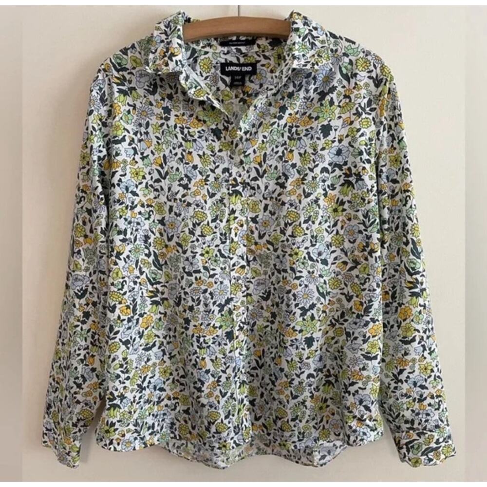 Lands' End No Iron Supima Shirt Womens 18 Floral Button Down Long Sleeve Top